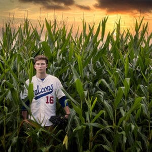 Senior Baseball Player Portrait in Corn Field